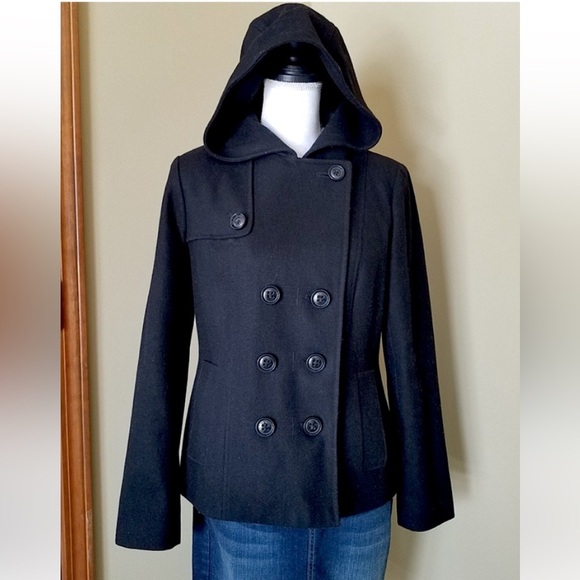 Nautica Jackets & Blazers - NAUTICA Black Hooded Wool Double Breasted Peacoat